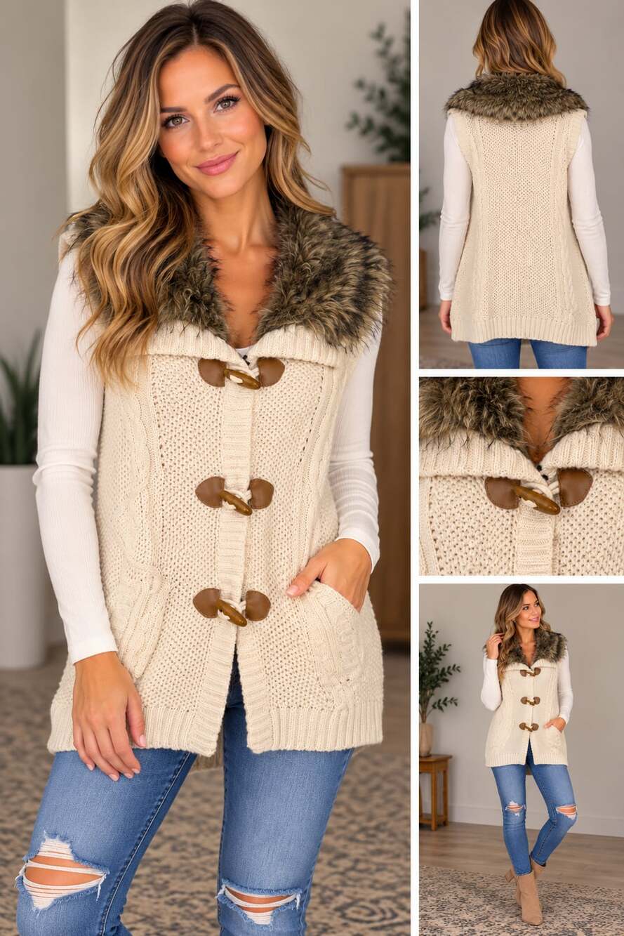 Pink Republic Sweater Vest Faux Fur Collar Toggle Cream Knit. Size Medium